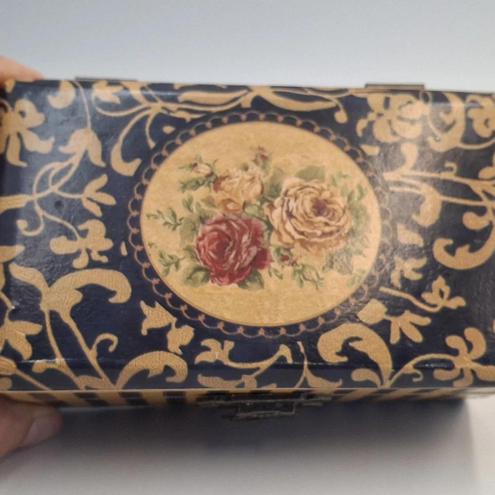 Vintage Small Wooden Jewelry Box Floral Rose Print Gold Foil Decoupage Latch